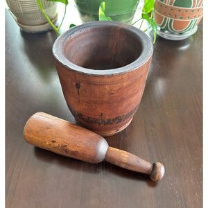 Vtg Large 7 1/2" Primitive Early Hand-carved Apothecary Wooden Mortar & Pestle